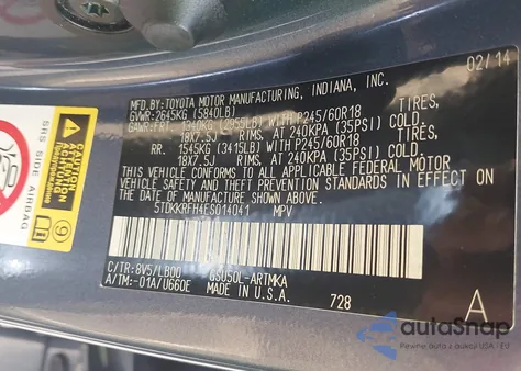 2014 Toyota Highlander Xle V6 from USA, damaged, VIN 5TDKKRFH4ES014041